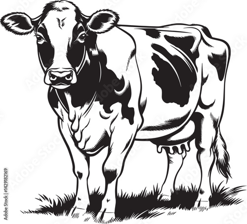"Black and White Cow Sketch with Fine Line Work"