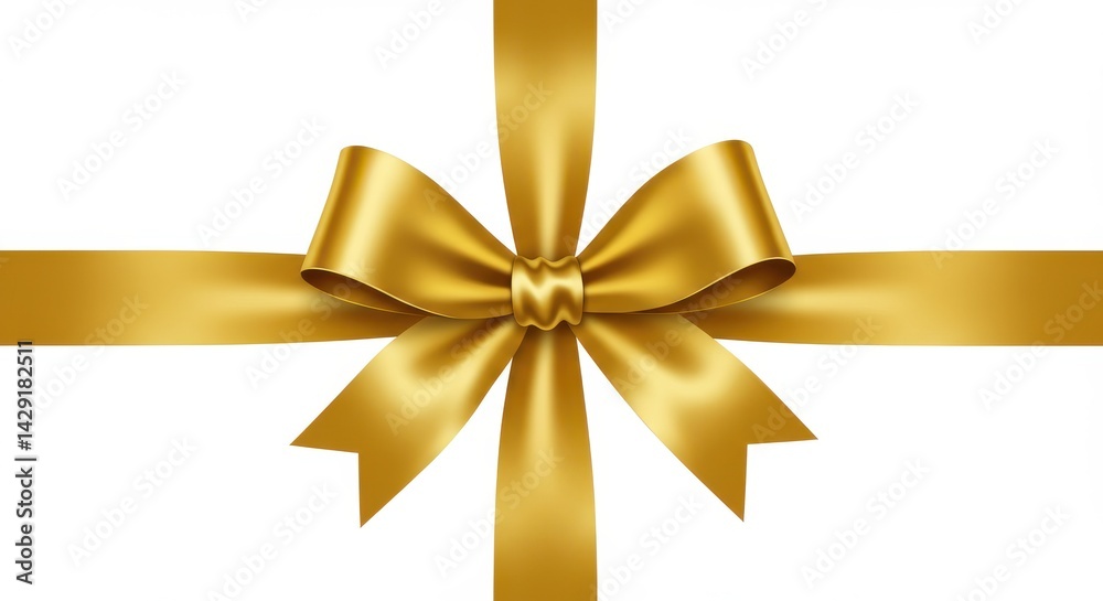 A shiny golden ribbon tied in a bow with horizontal ribbon on a plain white background close up view A shiny golden ribbon tied in a bow with horizontal ribbon on a plain white background close up view