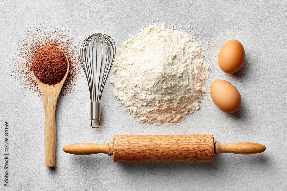 Preparation of baking ingredients on a kitchen counter with flour, cocoa, and eggs ready for use Preparation of baking ingredients on a kitchen counter with flour, cocoa, and eggs ready for use