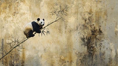 Panda on bamboo, ancient wall background, nature scene, wildlife conservation