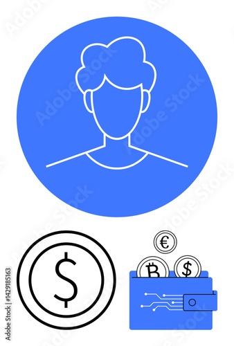 User profile icon in blue circle, dollar sign coin, and wallet holding cryptocurrency coins. Ideal for finance, fintech, cryptocurrency, blockchain, user profile, secure payment simple landing page