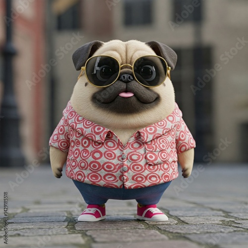 Um pug gordo com óculos de sol, roupas da moda e sapatos, em pé na rua da cidade, antropomórfico, em uma postura fofa, cores puras, com um fundo simples, photo