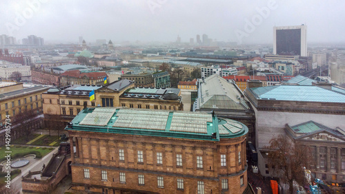 Obraz na płótnie Drone point of view on Museum island and Ukrainian flags on them in Berlin w salonie