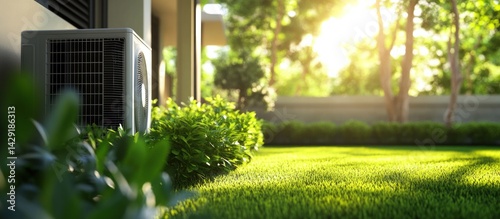Air Conditioning Unit in a Lush Green Garden: A Summer's Day Scene