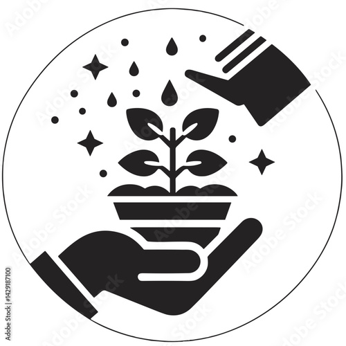 Hands nurturing a plant with water droplets and sparkles  