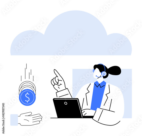 Customer service agent using headset and laptop, guiding digital transactions. Coins transferring to an open hand. Ideal for cloud computing, fintech, e-commerce, customer support, digital payments