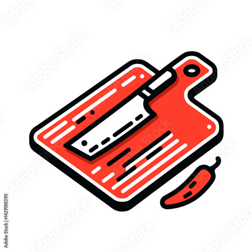 Kitchen knife cutting chili peppers on red chopping board  on a transparent background