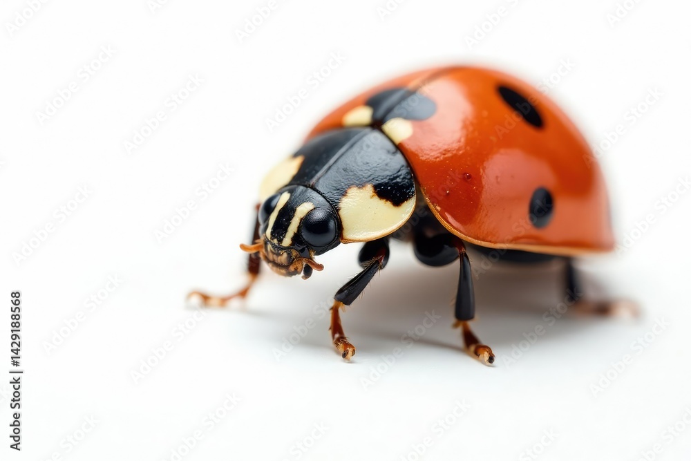 Close-up of single ladybug on white background, backdrop, texture, coccinellidae Close-up of single ladybug on white background, backdrop, texture, coccinellidae