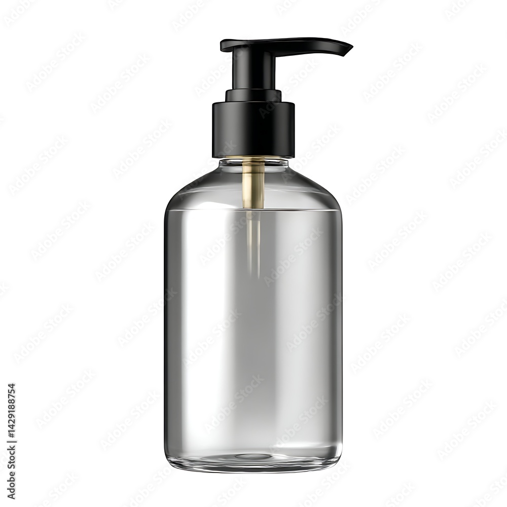 A clear, empty plastic pump bottle with a black pump dispenser, isolated on a white background. A clear, empty plastic pump bottle with a black pump dispenser, isolated on a white background.