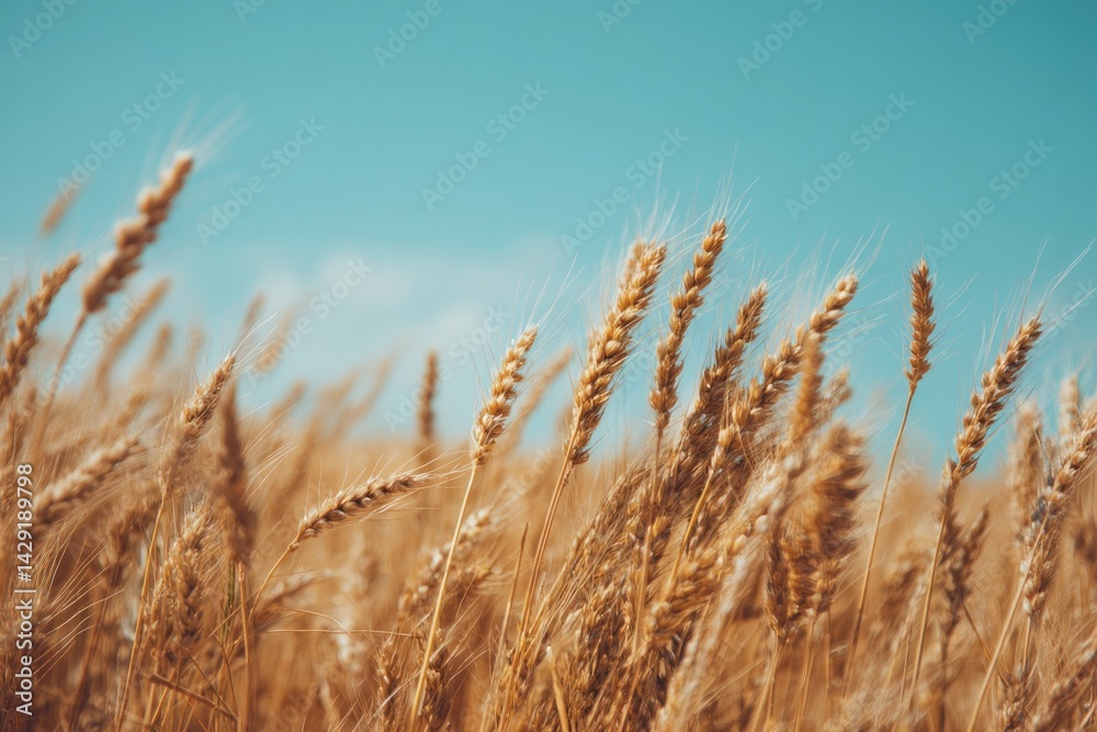 Fototapeta premium sunlit wheat field with clear blue sky minimalistic perspective golden hues capturing rural serenity
