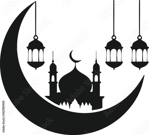 Eid Mubarak silhouette design with Crescent moon and lanterns. Eid Al Adha Silhouette.
