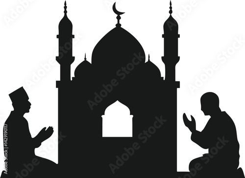 Muslims praying in front of a mosque silhouette. Eid Al Adha Silhouette.