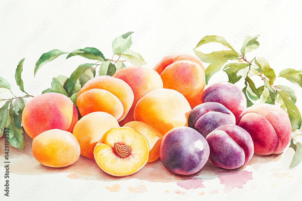 Delicate watercolor composition of peaches, plums and apricots Delicate watercolor composition of peaches, plums and apricots