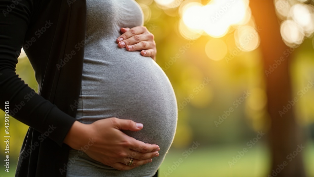 Woman is holding her stomach and has a baby bump. Concept of anticipation and excitement for the upcoming arrival of the baby
