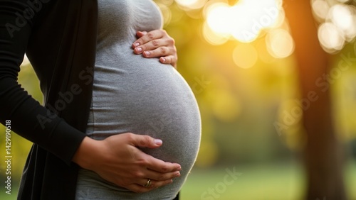 Obraz na płótnie Woman is holding her stomach and has a baby bump. Concept of anticipation and excitement for the upcoming arrival of the baby w salonie