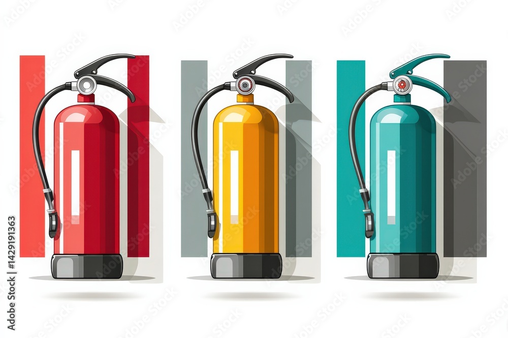 Obraz premium Colorful Fire Extinguishers Against Modern Background Design