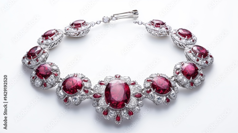 Obraz premium Luxurious ruby jewelry set with radiant red rubies and diamonds on earrings, necklace, and matching ring, isolate on white background