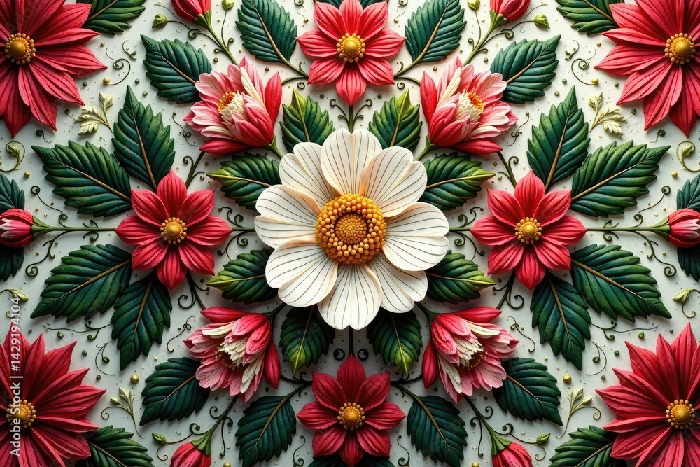 Intricate floral textile with repeating motifs , antique, organic Intricate floral textile with repeating motifs , antique, organic