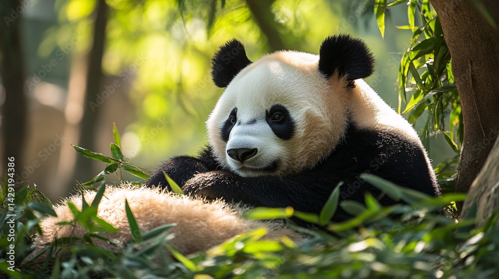 Fototapeta premium Panda resting bamboo forest sunlight wildlife conservation