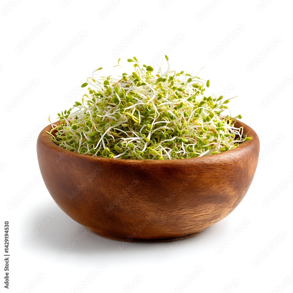 A wooden bowl filled with fresh, healthy alfalfa sprouts. The sprouts are isolated on a clean white background A wooden bowl filled with fresh, healthy alfalfa sprouts. The sprouts are isolated on a clean white background