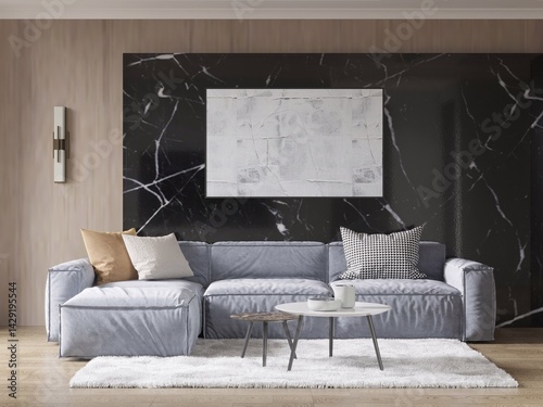 Mock up of an outrageous living room with a comfortable corner sofa and a fashionable decorative background, 3D rendering.