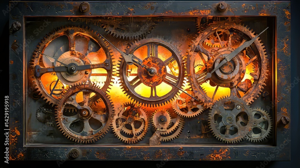 Obraz premium Steampunk-inspired rectangular metal frame with interconnected rusty gears and clock hands, backlit with warm orange light, showca