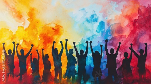 A lively group of individuals demonstrates excitement and happiness by raising their arms. The vibrant abstract background features a mix of warm and cool colors, symbolizing celebration
