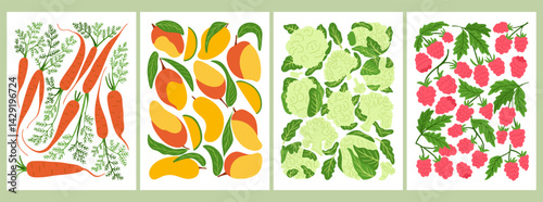 Veggies posters set with carrots, mangoes, cauliflowers and raspberries illustrations. This image represents organic farming, healthy eating and natural produce