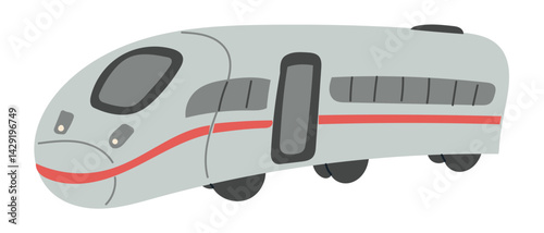 Modern high-speed train with sleek design and red stripe shown in side view. This image represents fast transportation, travel efficiency and urban mobility