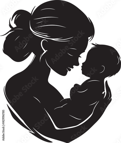 Black Color Mother Holding Baby Silhouette Vector Illustration 
