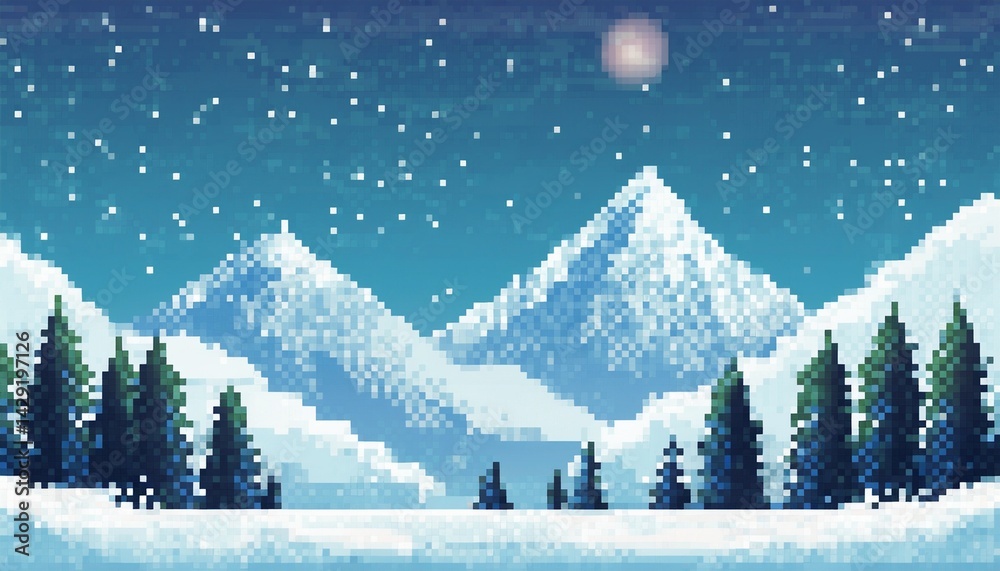 Naklejka premium Winter Mountain Landscape Pixel Art Illustration