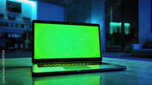 Laptop with Green Screen in Modern Living Room at Night