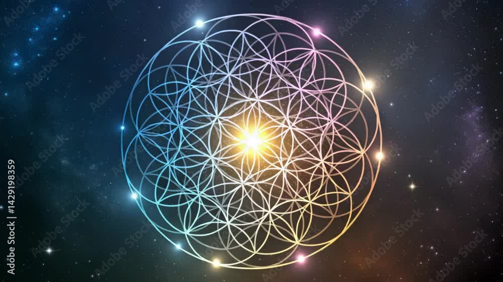 Flower Of Life Sacred Geometry Symbol Nebula Cosmos Space Background Motion Graphic