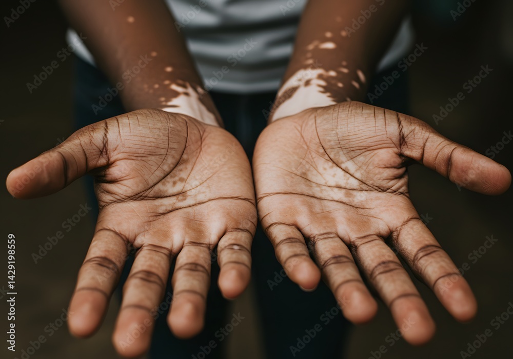Fototapeta premium A close-up shot of a person's hands shows a skin condition characterized by patches of depigmentation, possibly vitiligo