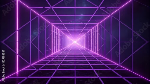 Futuristic Purple Neon Grid Tunnel Background Abstract Scifi Corridor With Glowing Lines 3D Rendered Space