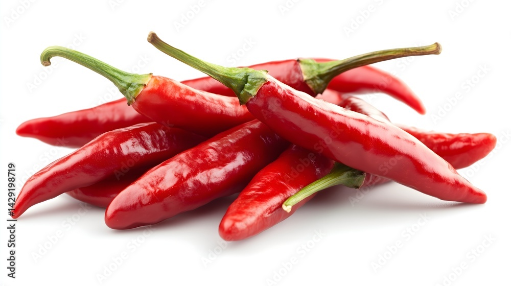Red chili peppers stacked on white background with green stems visible Red chili peppers stacked on white background with green stems visible