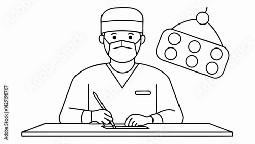 Surgeon preparing for an operation by marking surgical instruments on a table illustration