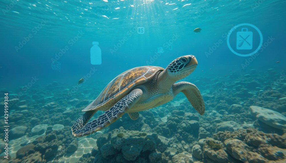 Obraz premium sea turtle gracefully swims through clear blue waters, showcasing beauty of marine life and importance of sustainability in ocean conservation