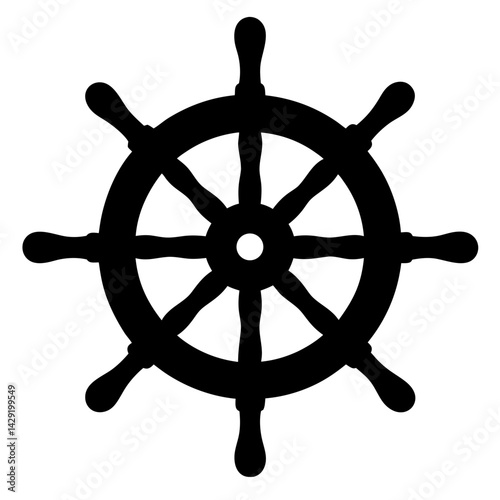 A classic black silhouette of a ship's wheel on white background
