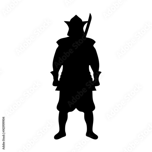 Silhouette of a Warrior with Helmet and Sword in Dark Armor