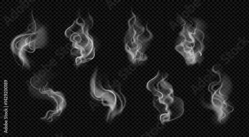 Set of wavy smoke. Transparent steam on water, tea, coffee, food. Realistic cigarette smoke icons. Fume vapour white abstract collection
