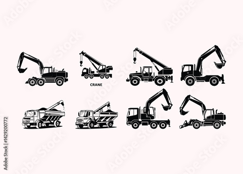 Construction Vehicles and Heavy Machinery Silhouettes in Black and White Illustration – Minimalist Design of Excavators, Cranes, Cement Mixers