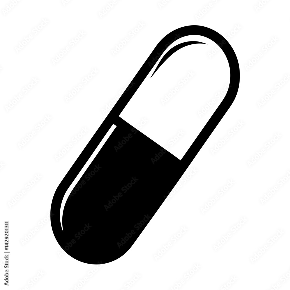 Simple black and white illustration of a capsule pill or medicine Simple black and white illustration of a capsule pill or medicine