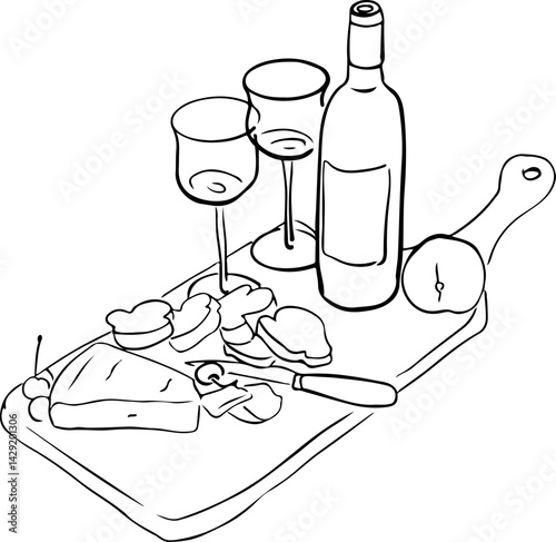 A board with cheese and wine. Vector illustration for invitations, postcards and posters