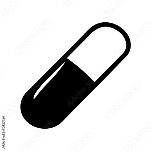 A simple black and white pill icon, illustrating medicine and healthcare