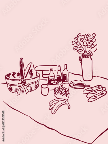 Picnic with a basket, wine, baguettes, fruits and flowers. Vector illustration for invitations, postcards and posters