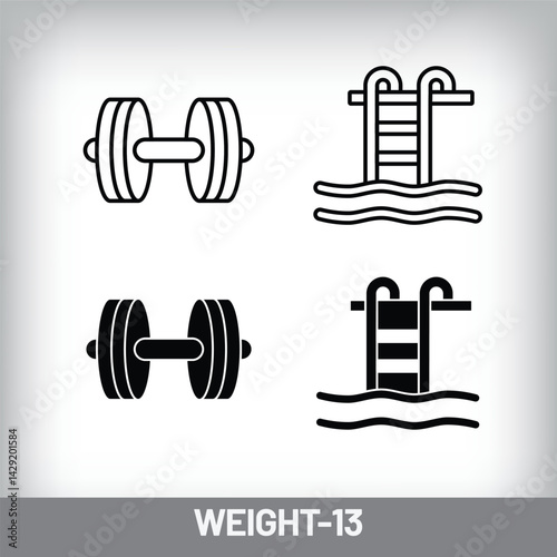 One hand dumbbells and swimming sport design. Simple linear and flat fitness weight icon set.