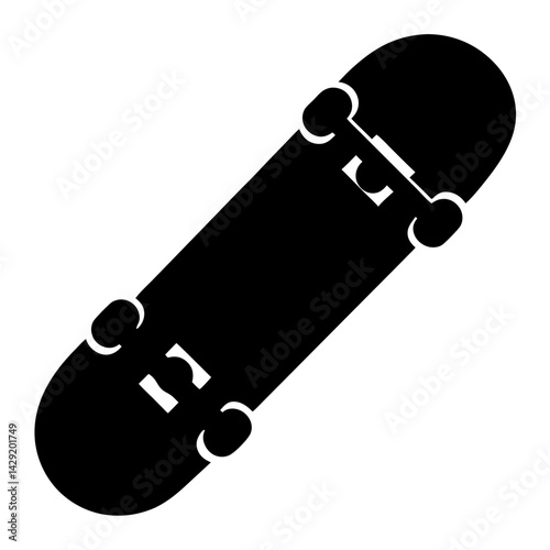 A solid black graphic illustration of a skateboard on a white background