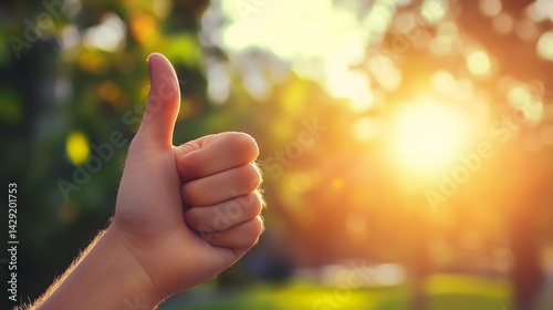Thumbs up hand gesture outdoors at sunrise or sunset with sunlight in background, copy space