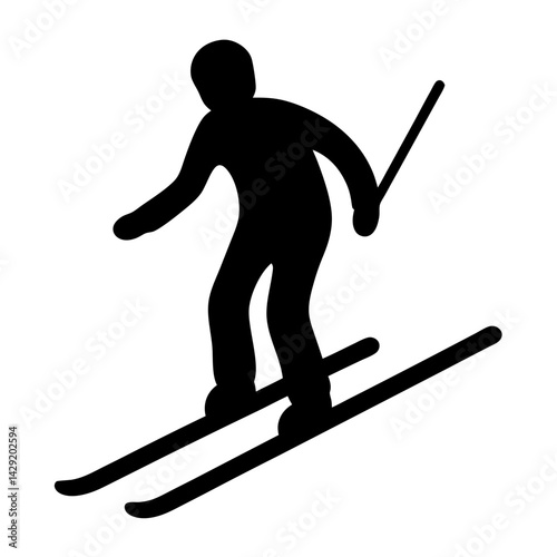Black silhouette of a skier on skis holding ski poles, on white